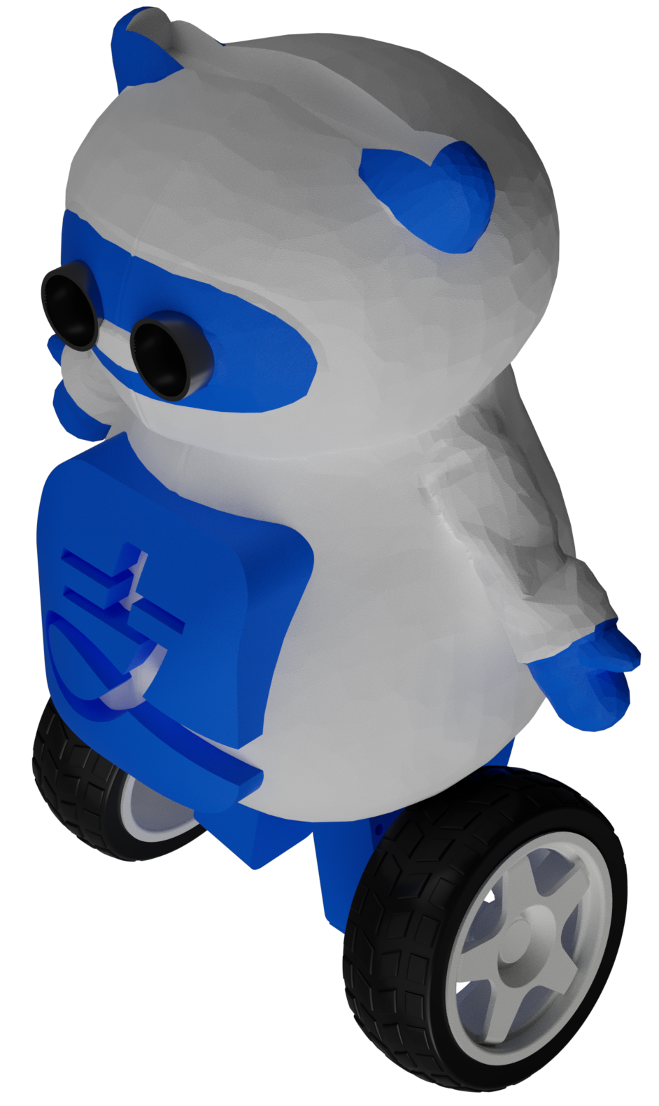 Side CAD render of the white-and-blue AliPayBot body with its wheel and front sensor.