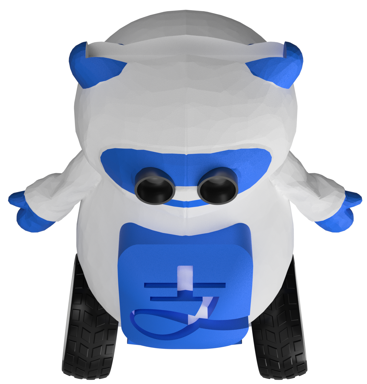 Front CAD render of the white-and-blue robot with its blue face panel and two wheels.