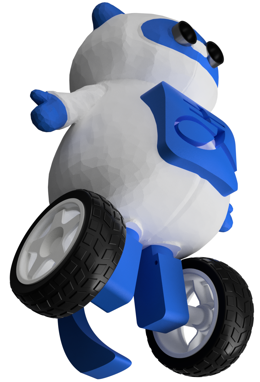 Angled CAD render of the robot body, showing its wheel, side panel, and front sensor.