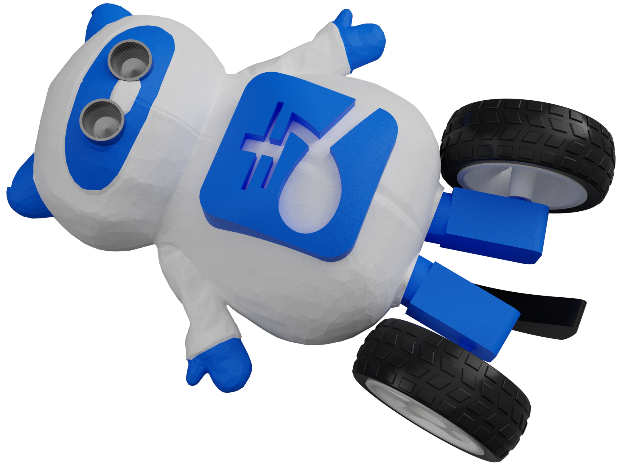 Top-angle CAD render of the white-and-blue AliPayBot body and its wheel layout.