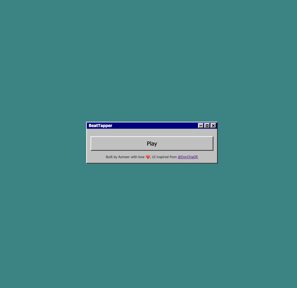 Retro Windows-style BeatTapper launch window with a Play button on a teal background.