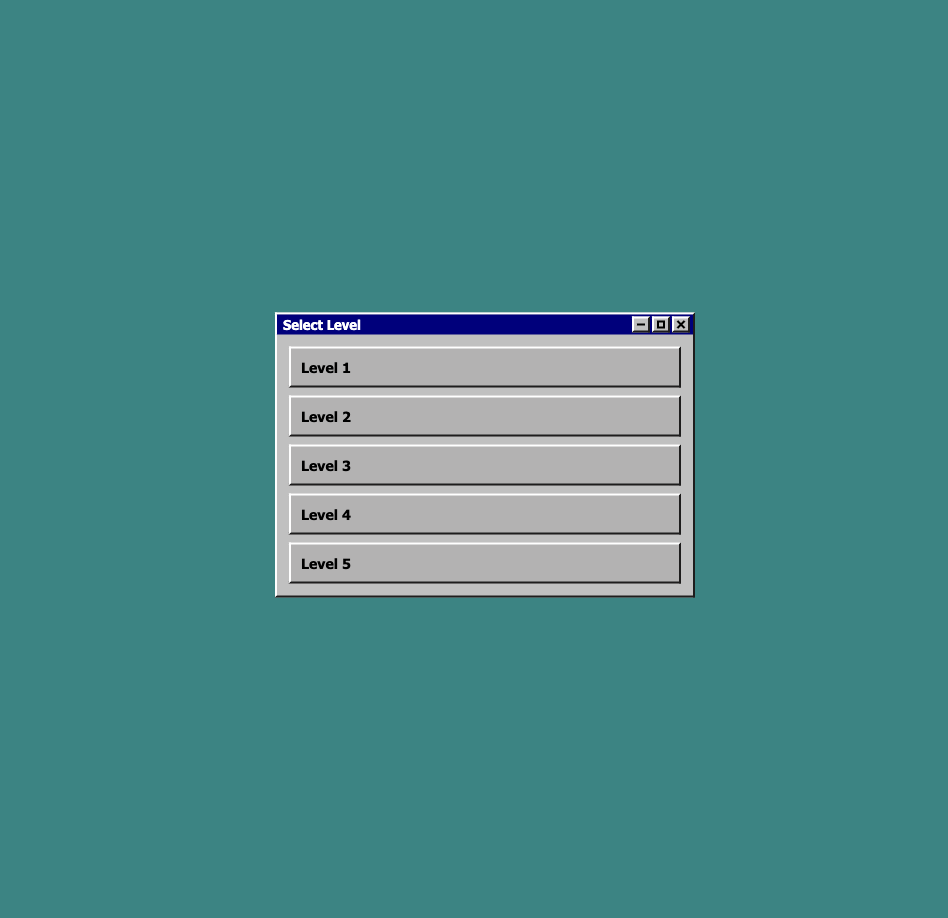 Retro Windows-style level selection window listing Levels 1 through 5.