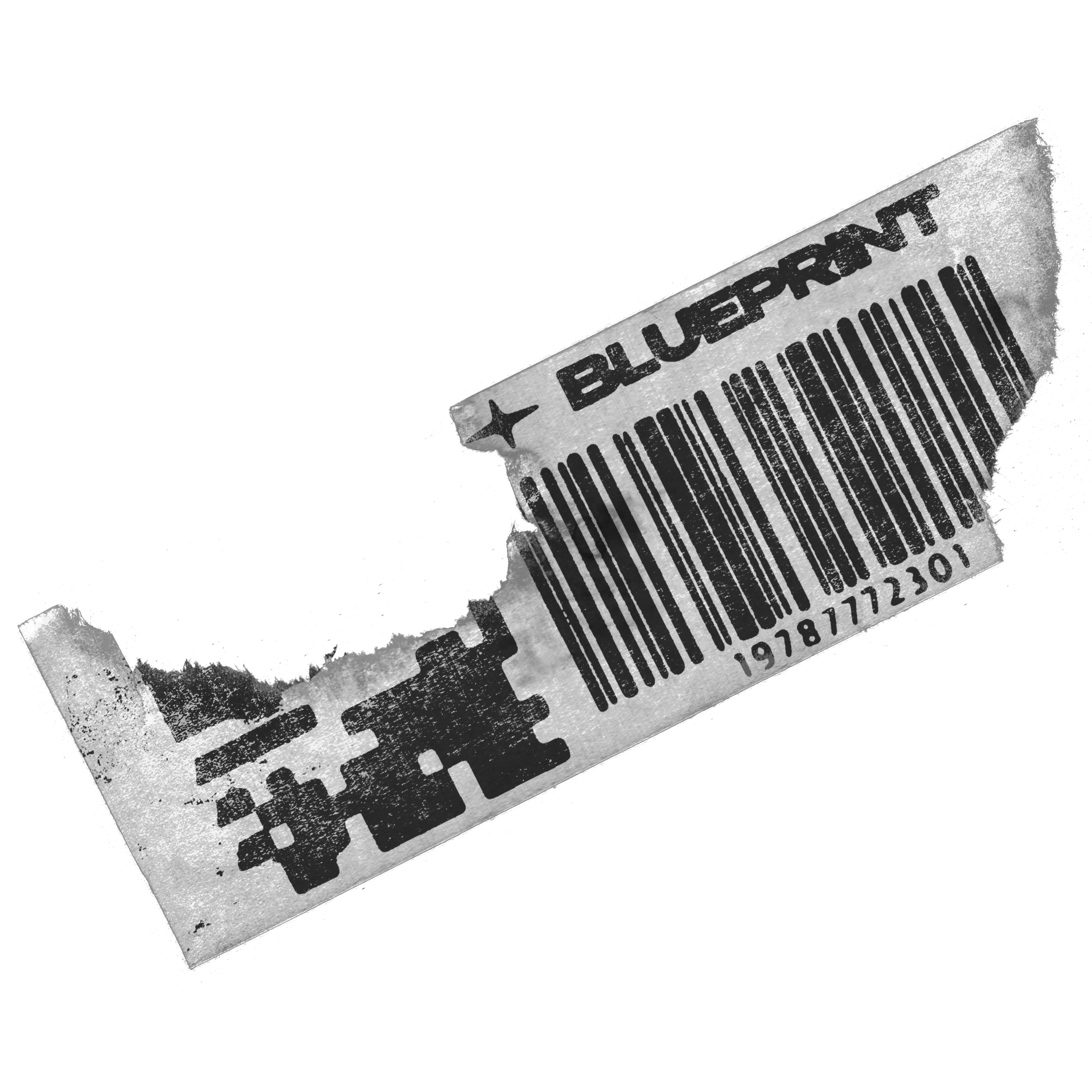 Black-and-white Blueprint sticker graphic with a barcode and torn-paper styling.