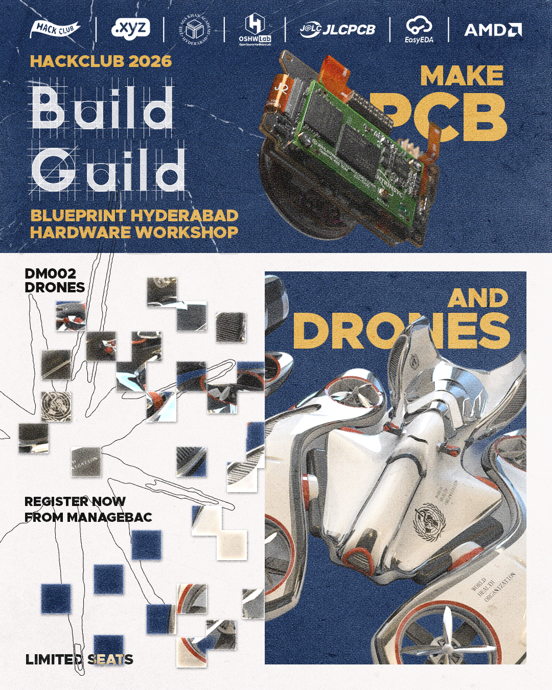 Build Guild and Blueprint Hyderabad workshop flyer featuring PCB design and drone imagery.