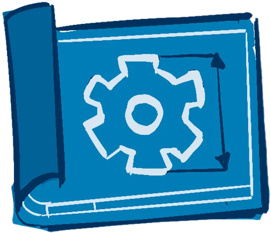 Blue illustrated Blueprint sticker showing a gear on a rolled technical drawing.