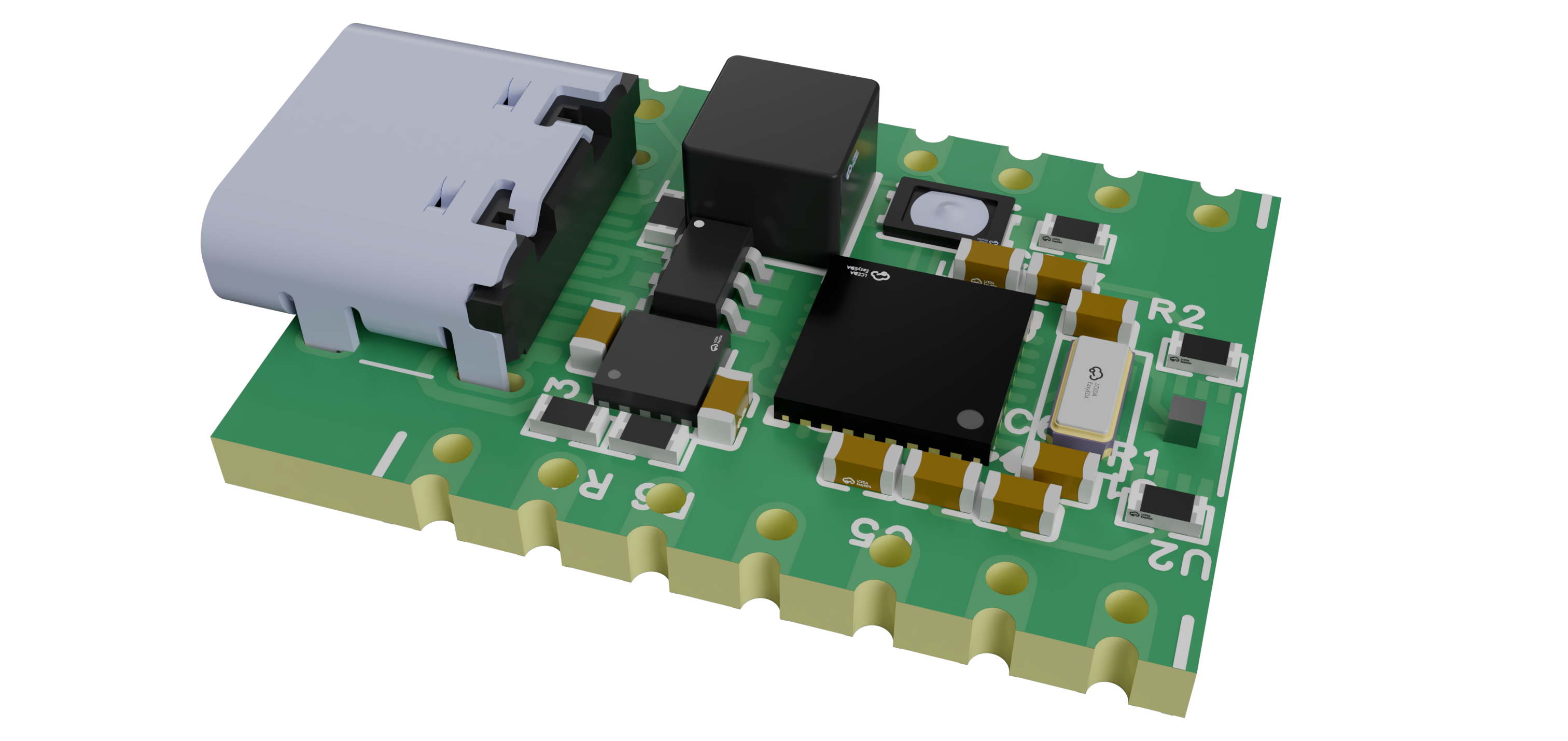 3D render of the Elfin board with its components and USB connector.