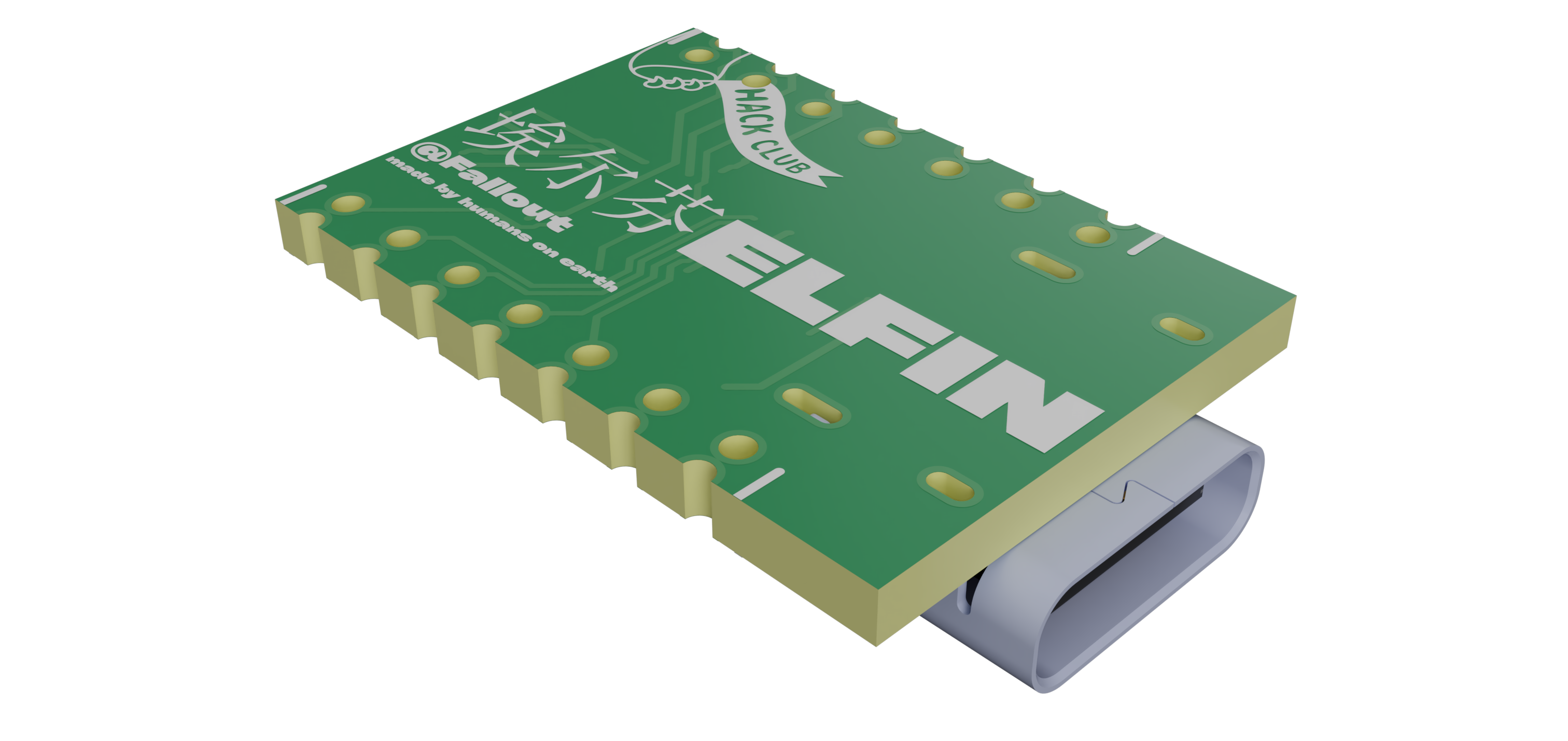 Angled 3D render of the Elfin board, showing the green PCB and USB connector.