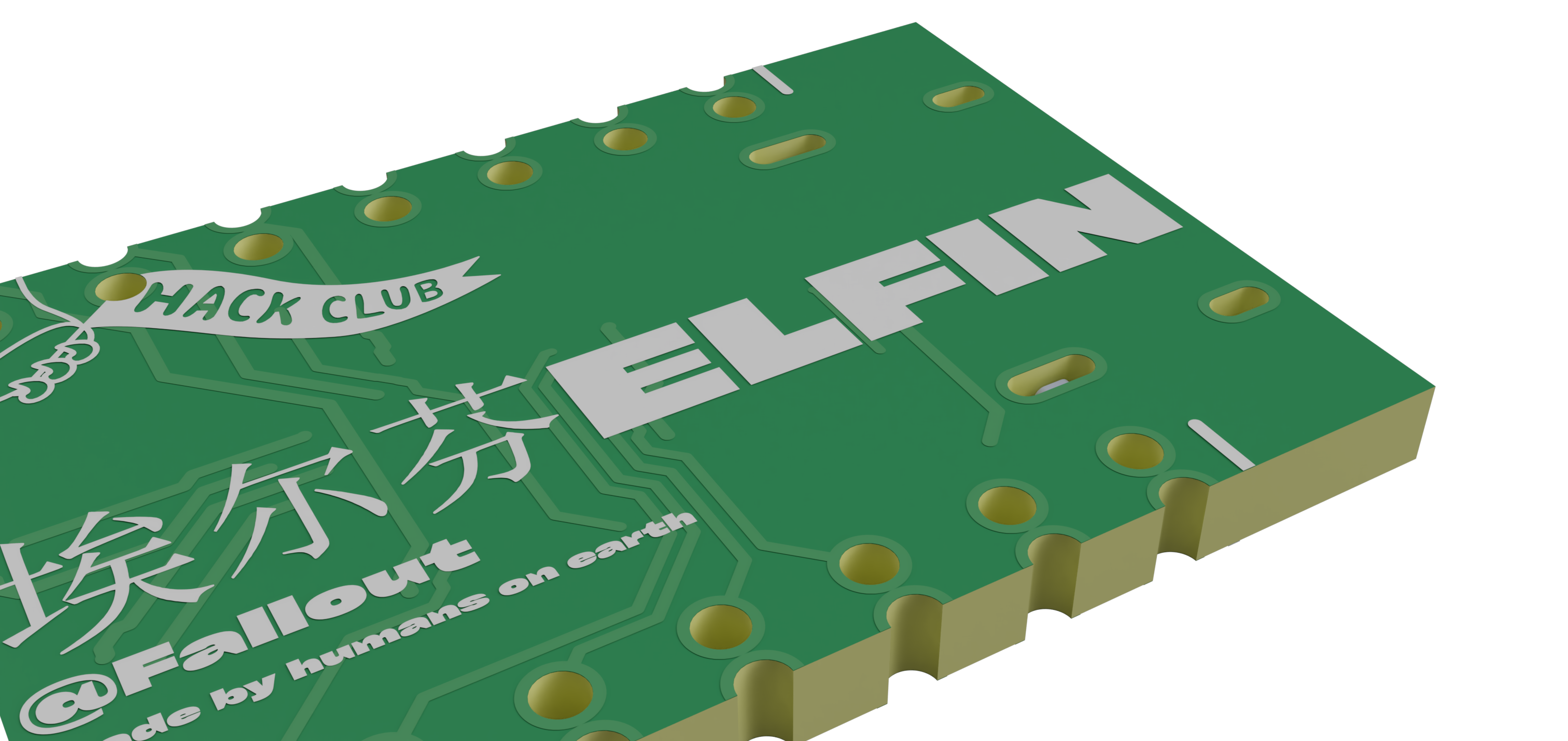 Perspective render of the Elfin board with its green PCB, connector, and printed lettering.