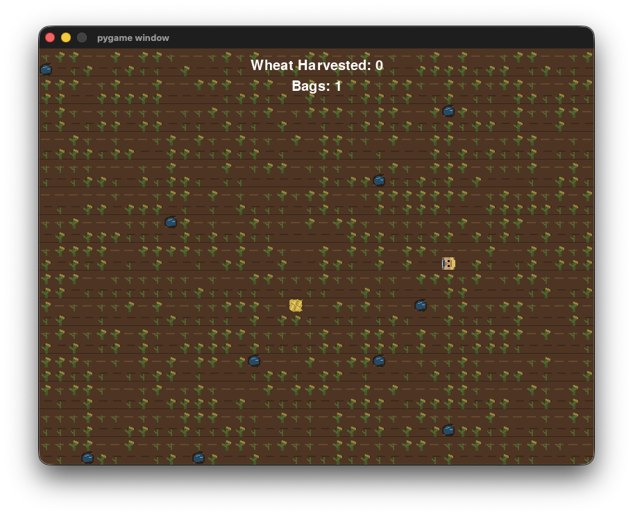 Farmrush gameplay screen showing crop rows, obstacles, a player sprite, and the wheat and bag counters.