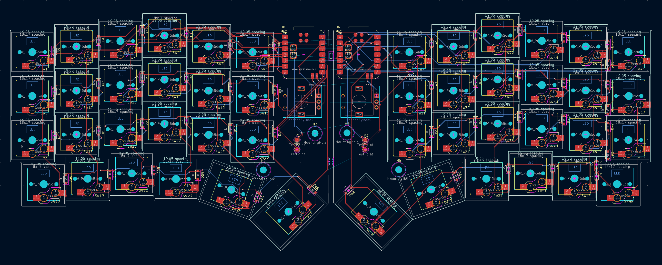 Dark PCB layout for the Fracture split keyboard, with rows of switch positions and routed traces.