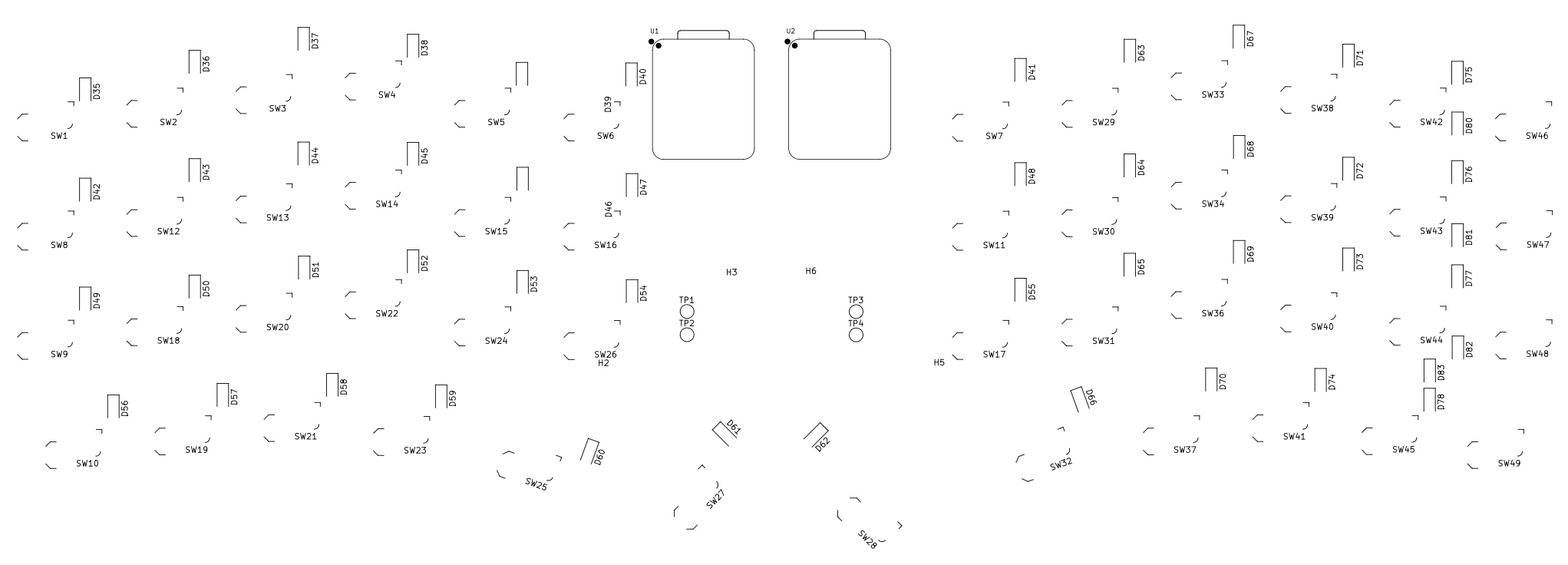 Top-plate drawing for the 48-key split keyboard, with switch cutouts and mounting positions.