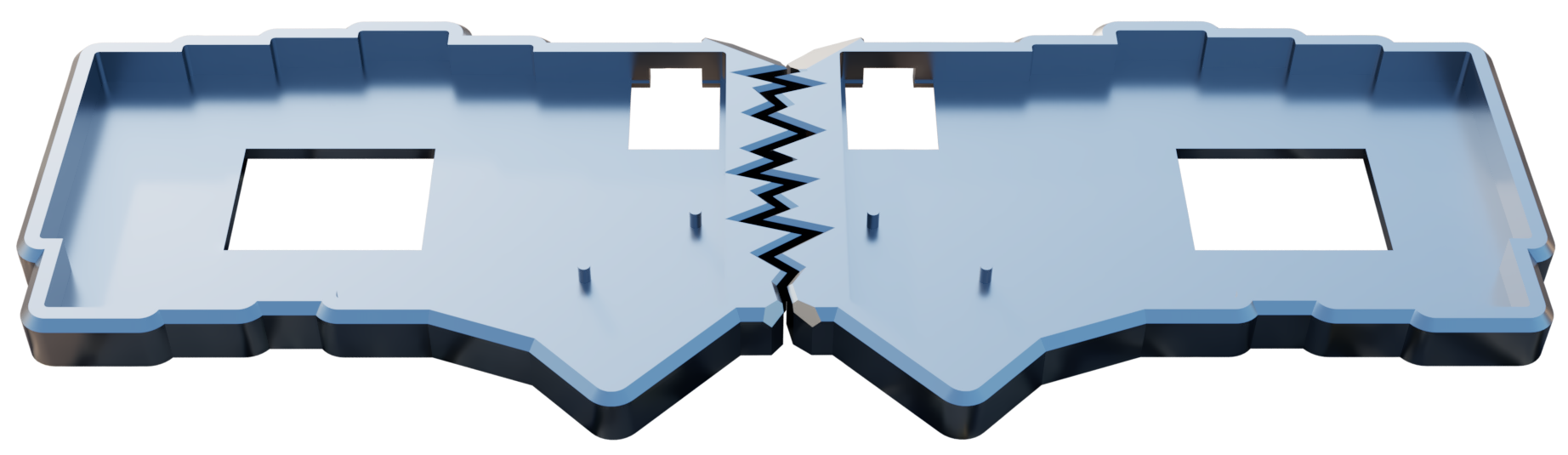 CAD render of the white split-keyboard enclosure, showing the two halves and central split.