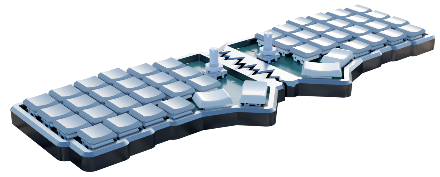 Top view of the completed Fracture split keyboard with light-colored keycaps.