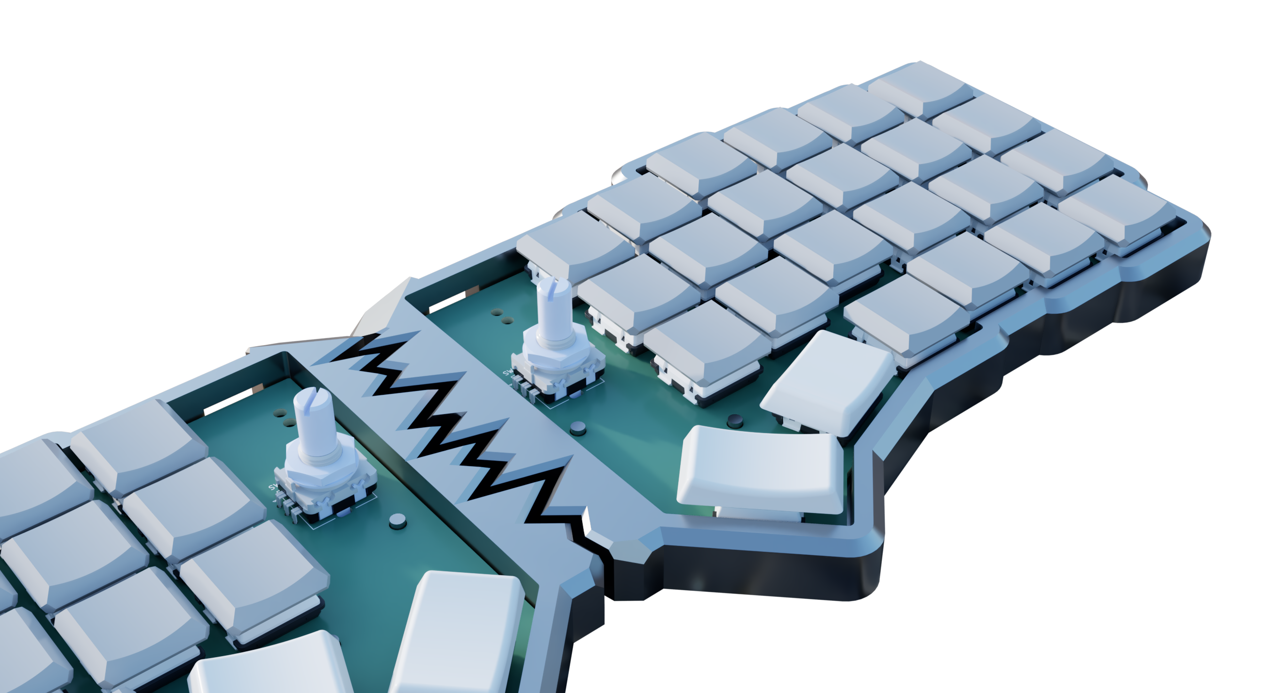 Side-angle photo of the assembled split keyboard resting on a cobblestone surface.