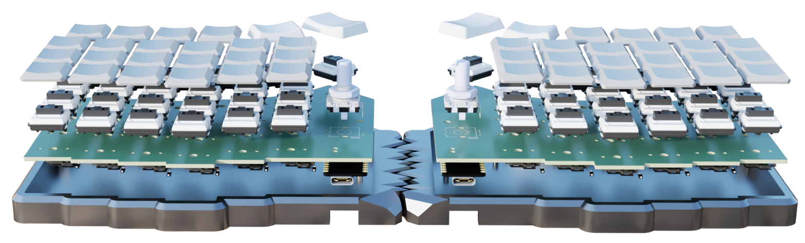 Exploded render of the two keyboard halves with keycaps and internal boards separated.