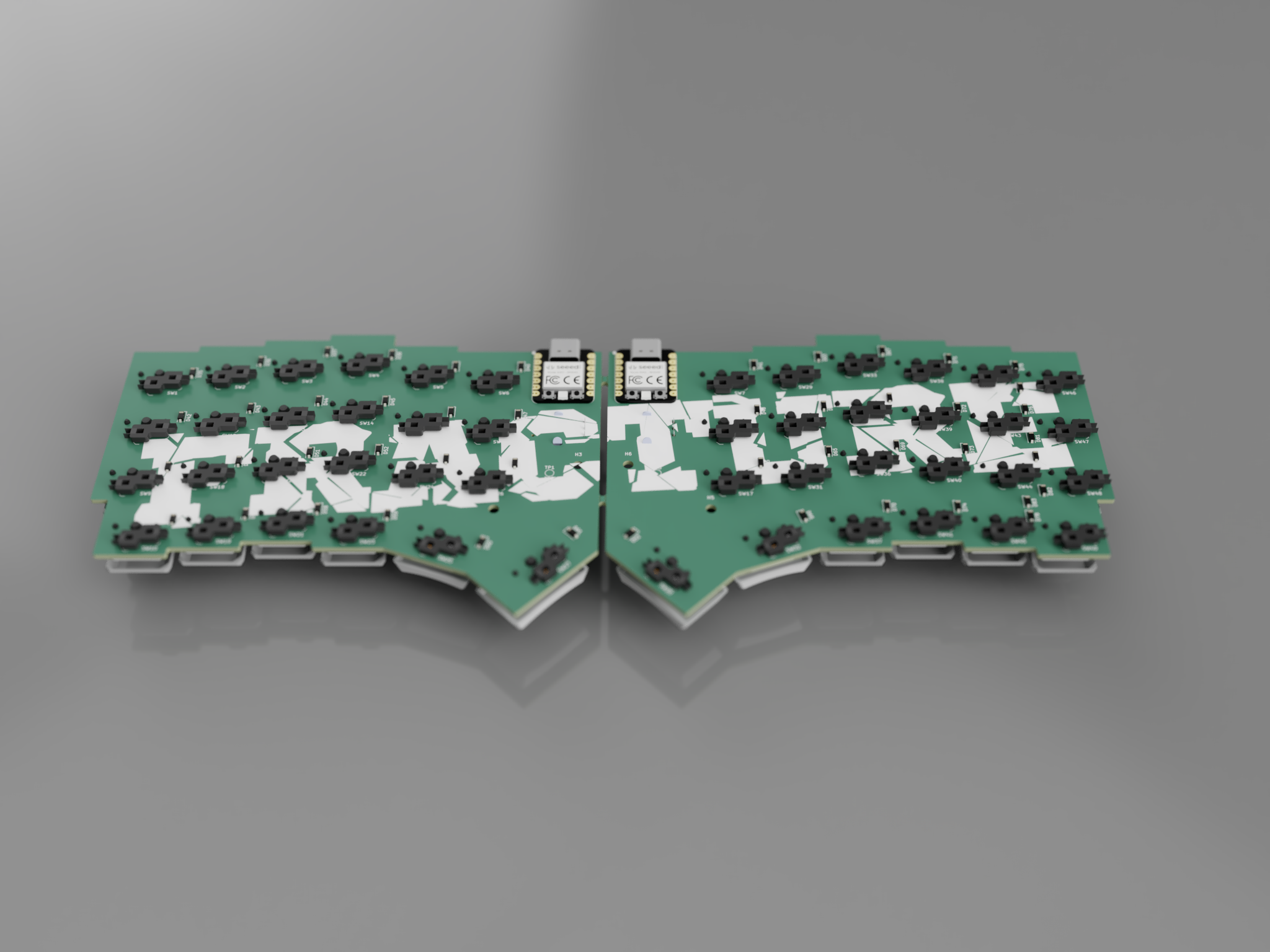 Angled render of the two green Fracture keyboard PCB halves beneath the key layout.