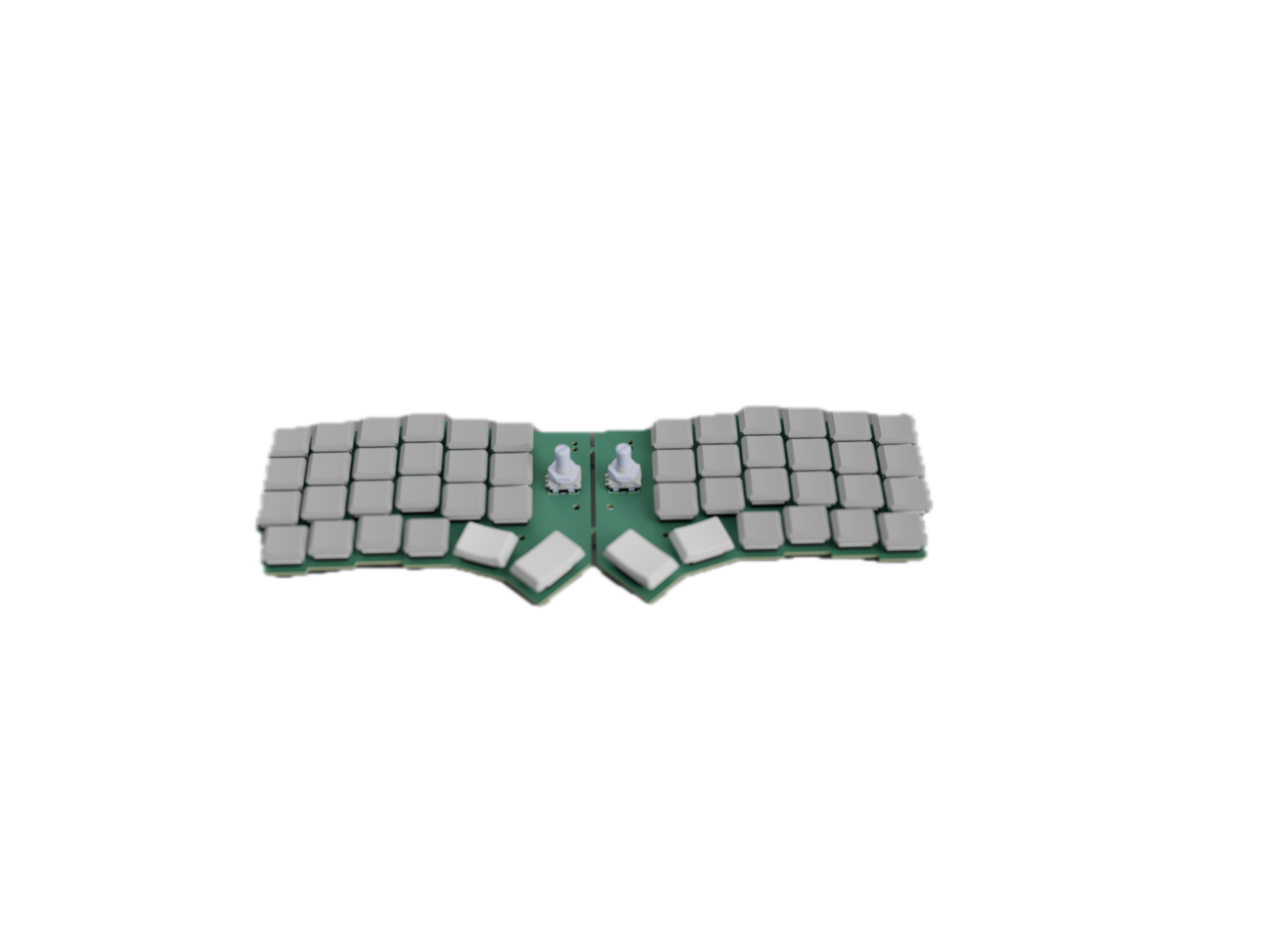 Top-down render of the two Fracture keyboard PCB halves against a black background.