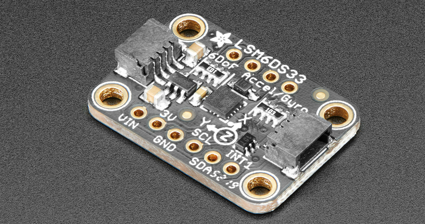 Photo of a small Adafruit LSM6DS motion-sensor breakout board.