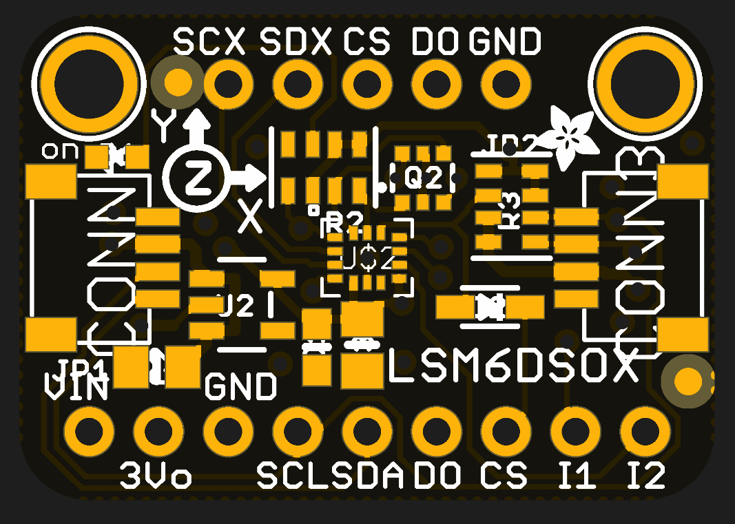 Illustrated LSM6DS breakout board with labeled power, ground, and signal pins.