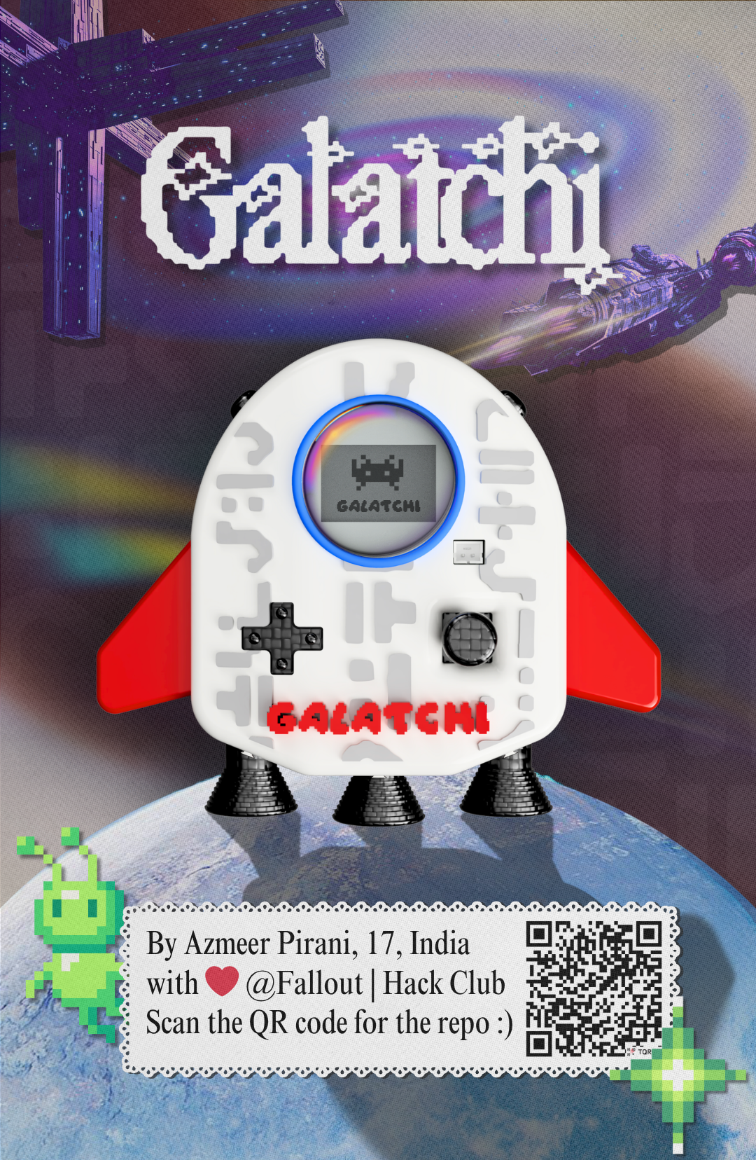 Project zine cover for Galatchi, showing the handheld virtual-pet device and project details.