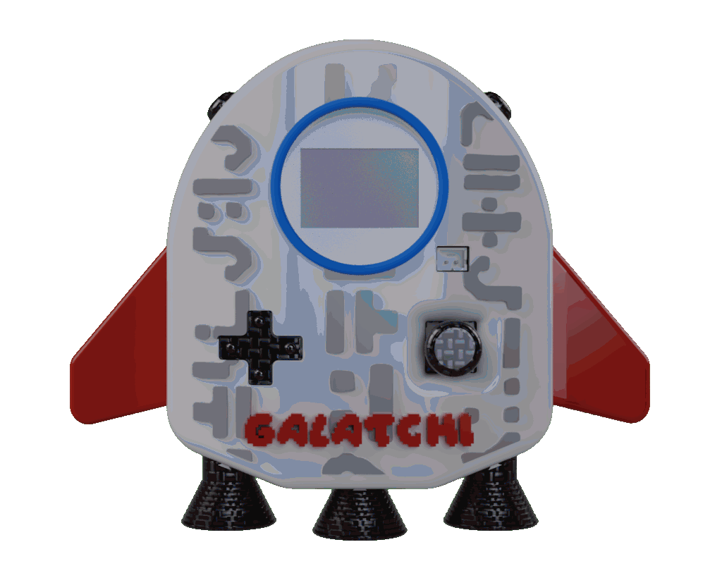 Animated render of the red-and-white Galatchi virtual-pet handheld.