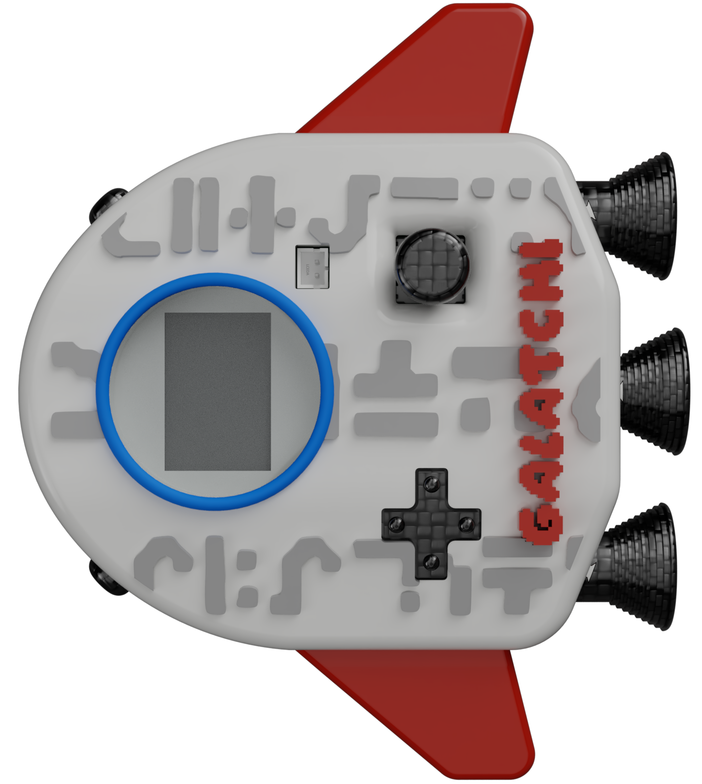 Front CAD render of the red-and-white handheld, with its screen, controls, and side fins.