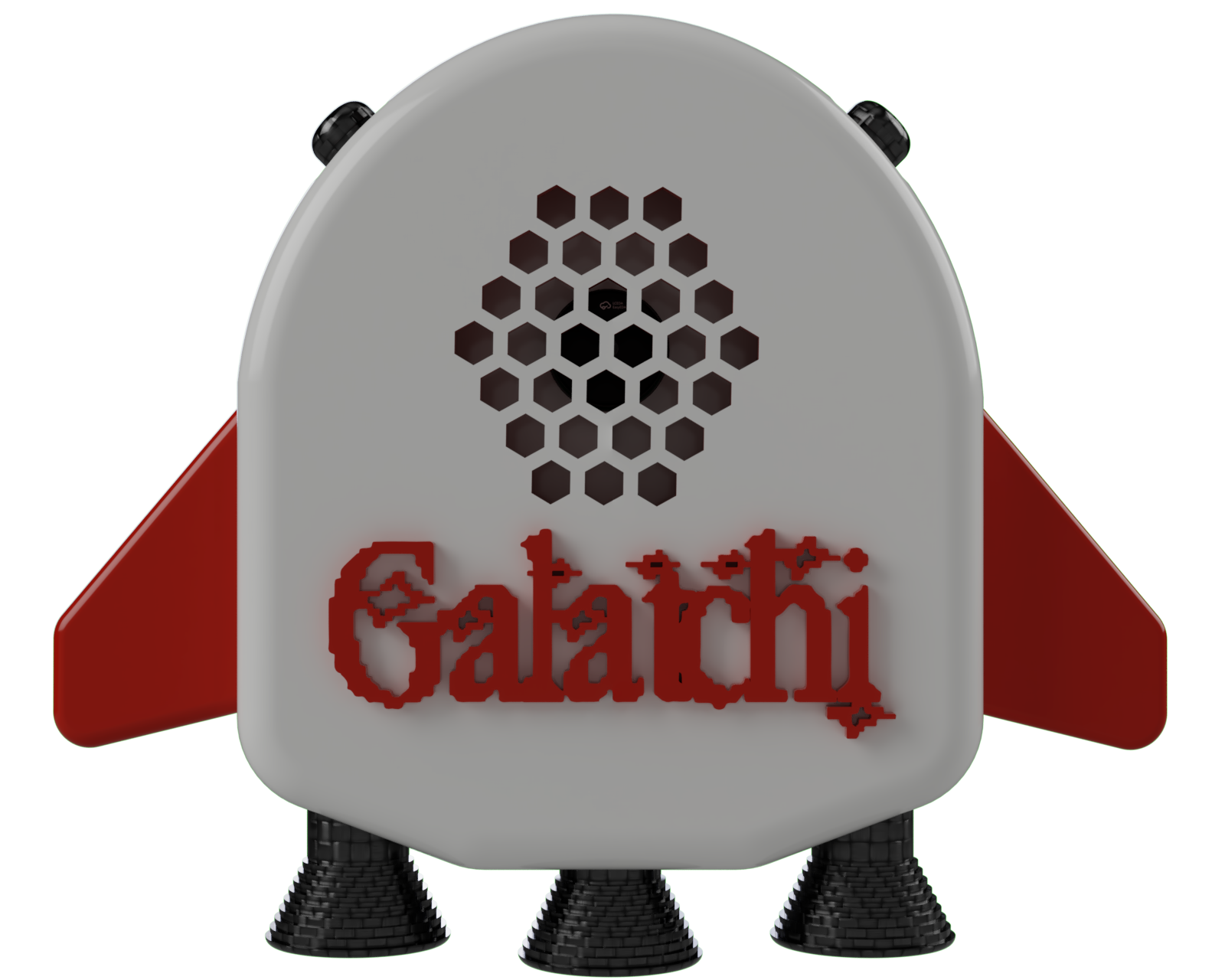 Rear CAD render of the Galatchi handheld, showing the branded back panel.