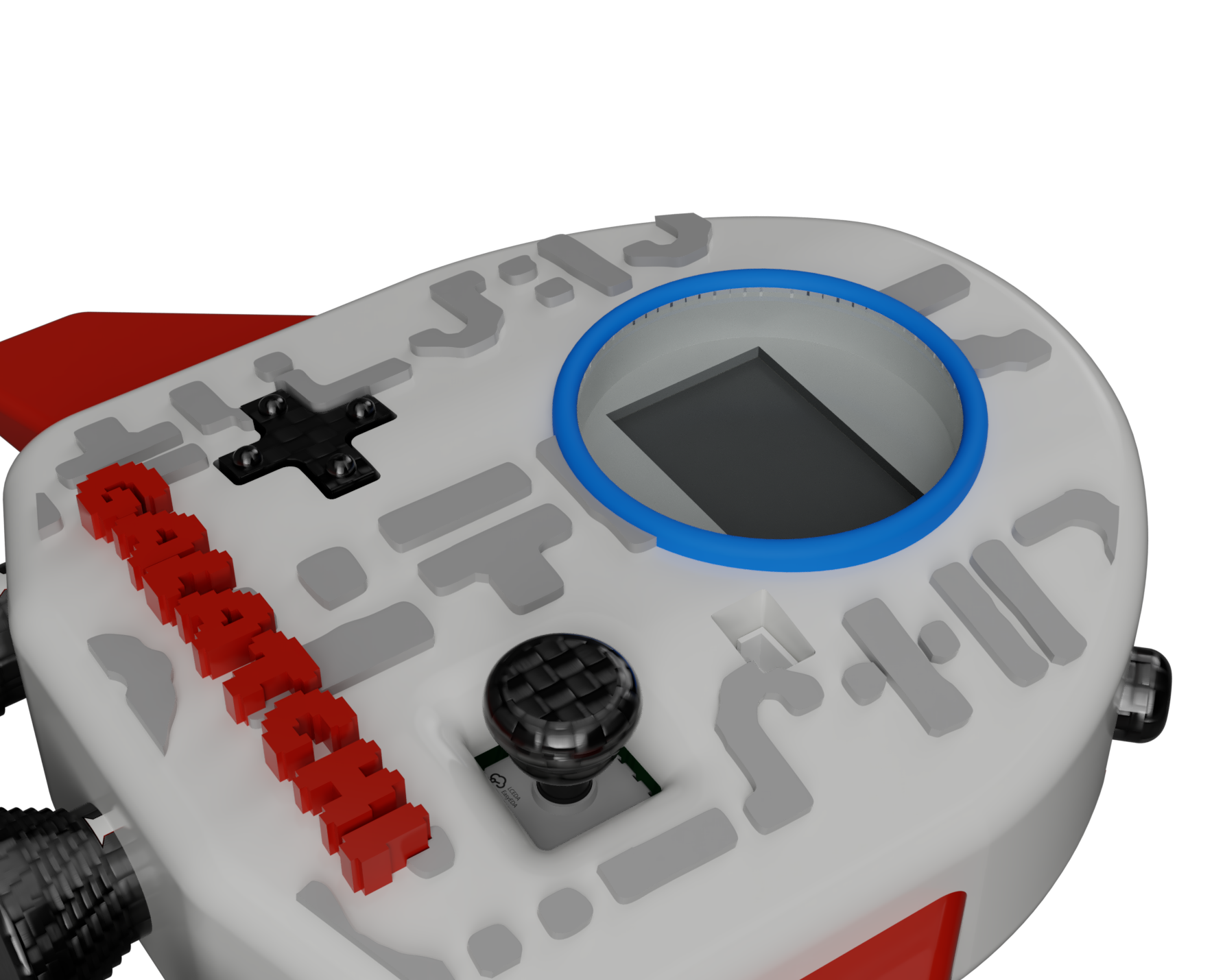 Angled close-up render of the handheld’s screen, buttons, and red side fins.