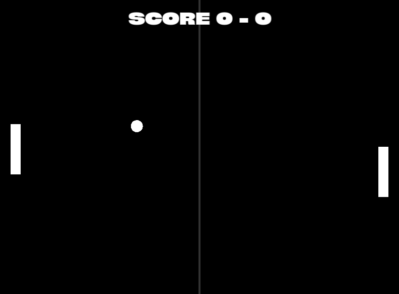 Black-and-white Pong game screen with paddles, a ball, and a 0–0 score.