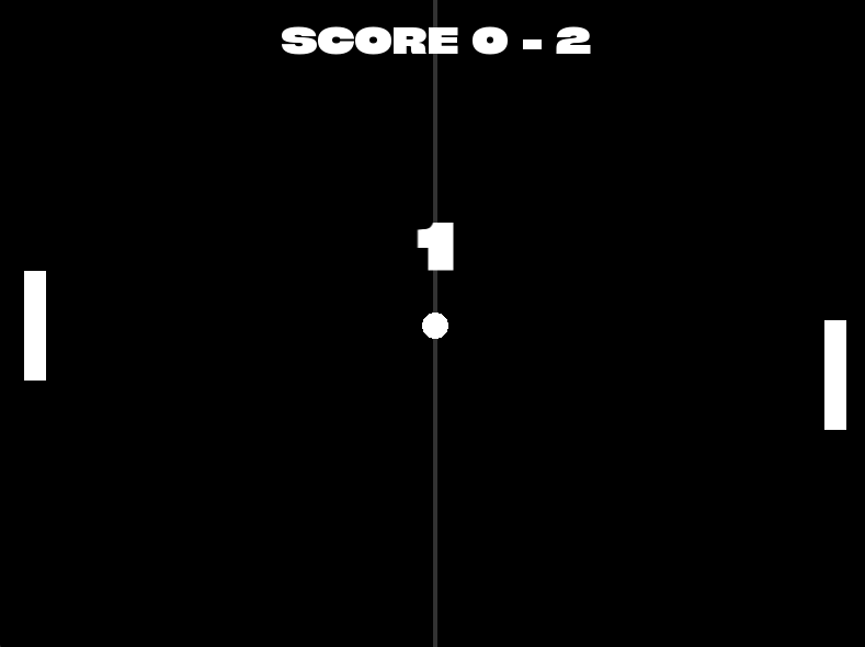 Pong gameplay screen showing the paddles, ball, and a 0–2 score.