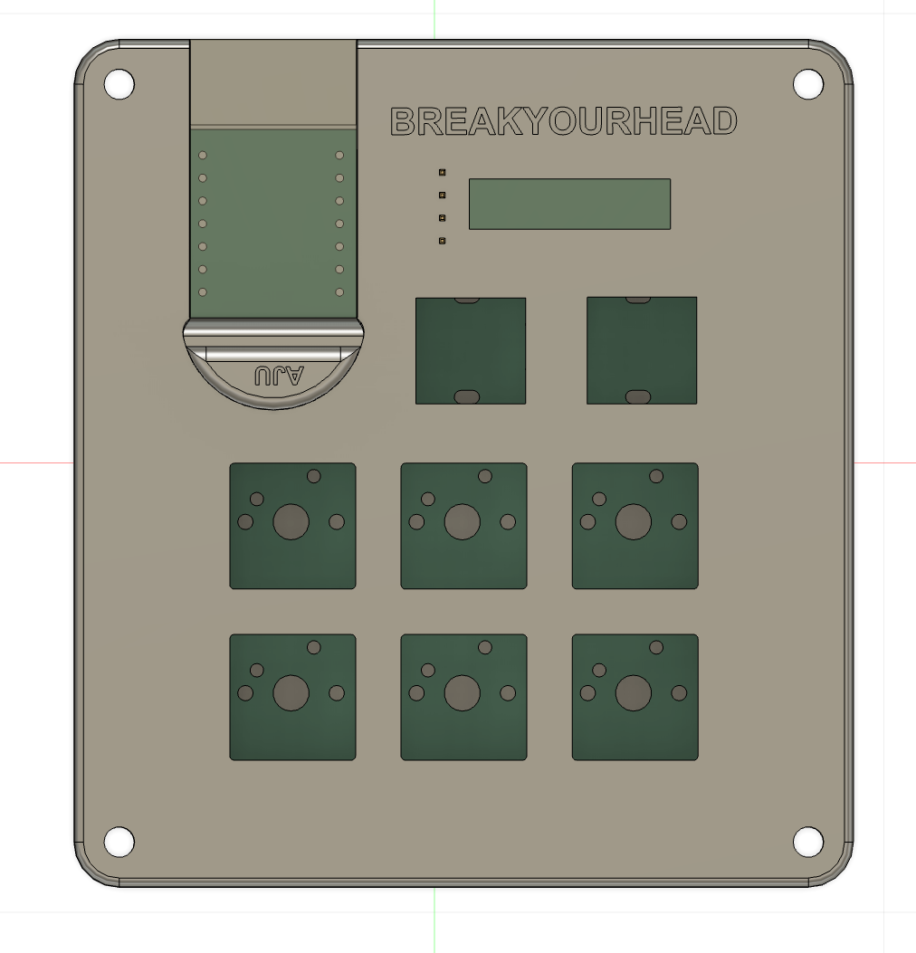 Front CAD layout of the Macropad enclosure with a display opening, two rotary encoders, and six keys.
