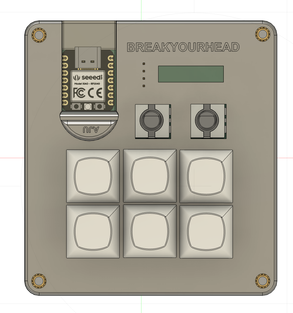 CAD render of the Macropad with six keycaps, two rotary encoders, and a display opening.