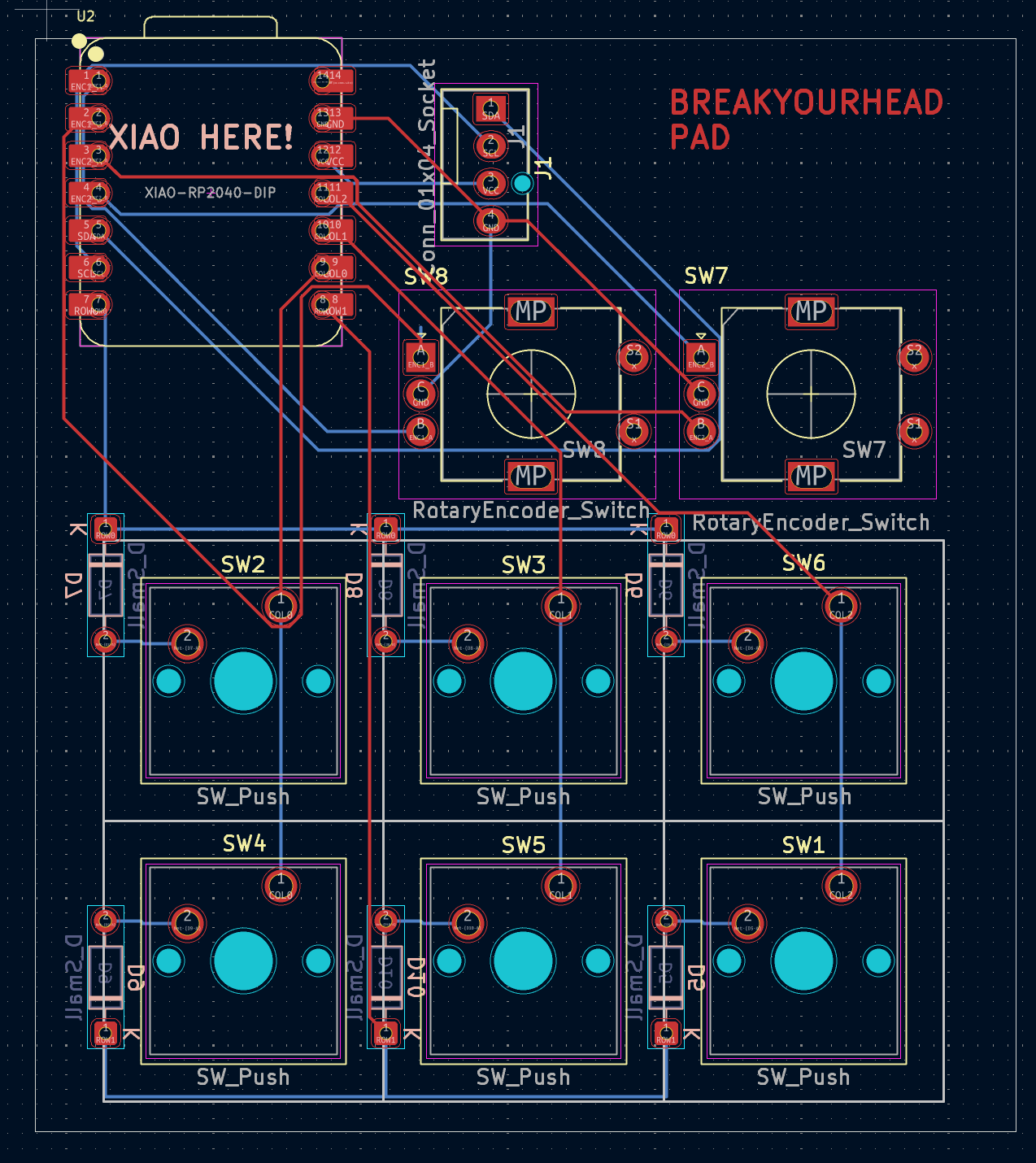 Macropad PCB layout showing six key positions, two rotary encoders, and routed traces.