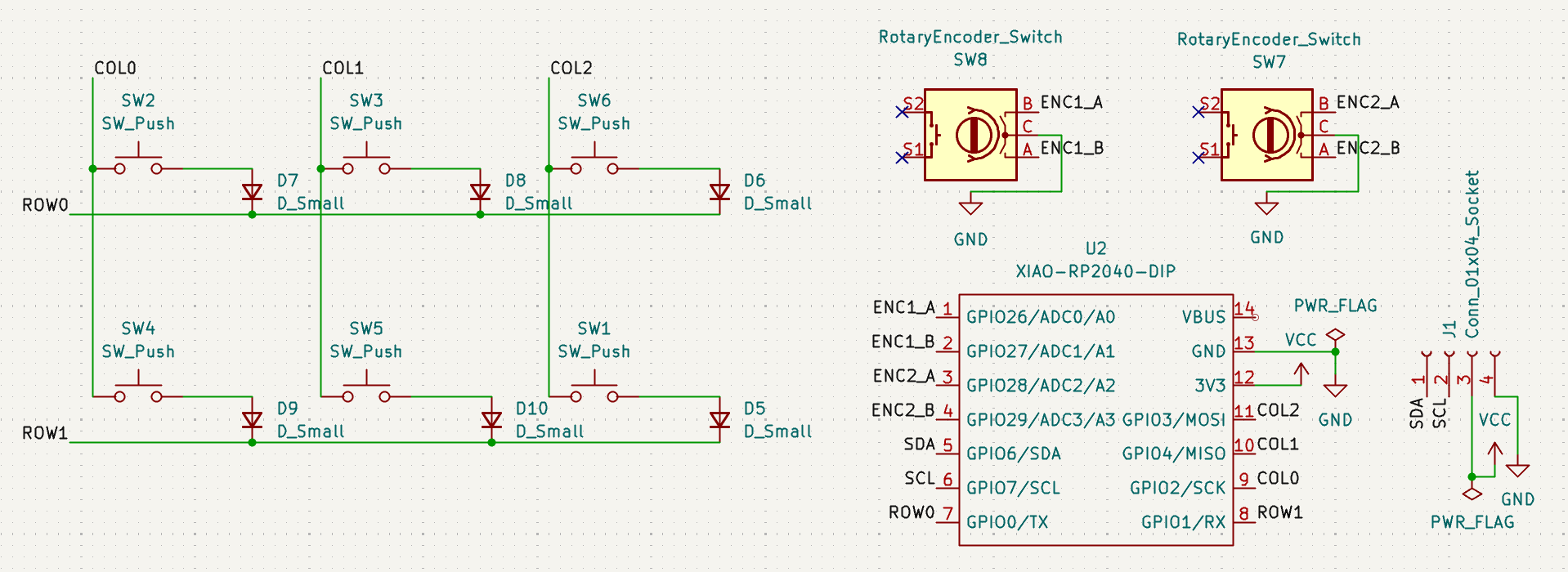 Macropad circuit schematic showing the six-button matrix, rotary encoders, and controller.