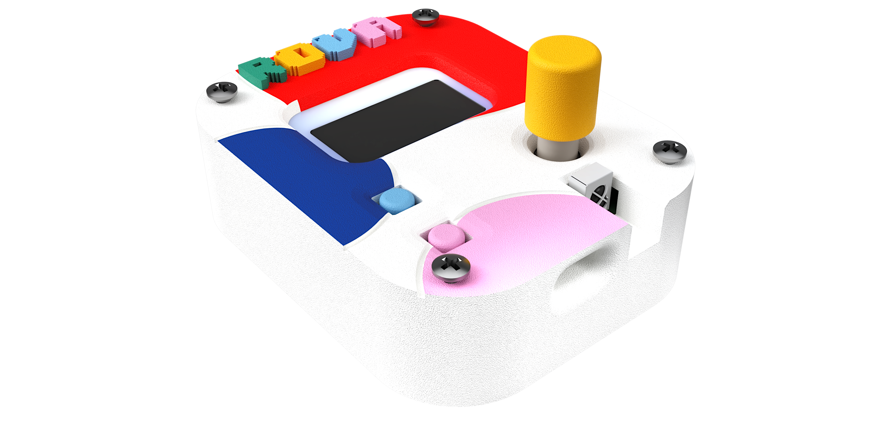 Front CAD render of the white Rova device with a central screen, colored controls, and yellow rotary knob.