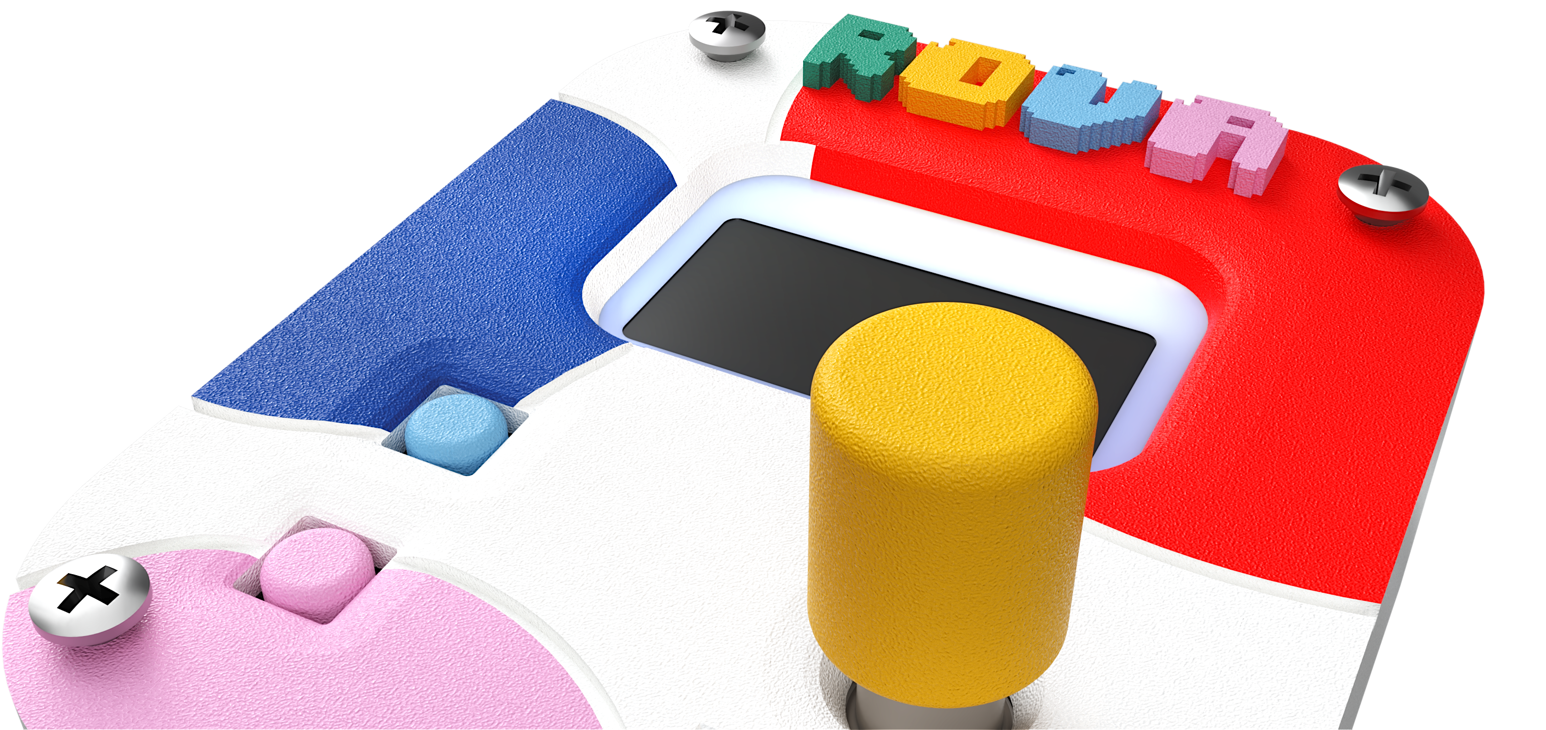 Top-angle CAD render of the Rova device, highlighting its display, colored buttons, and rotary knob.