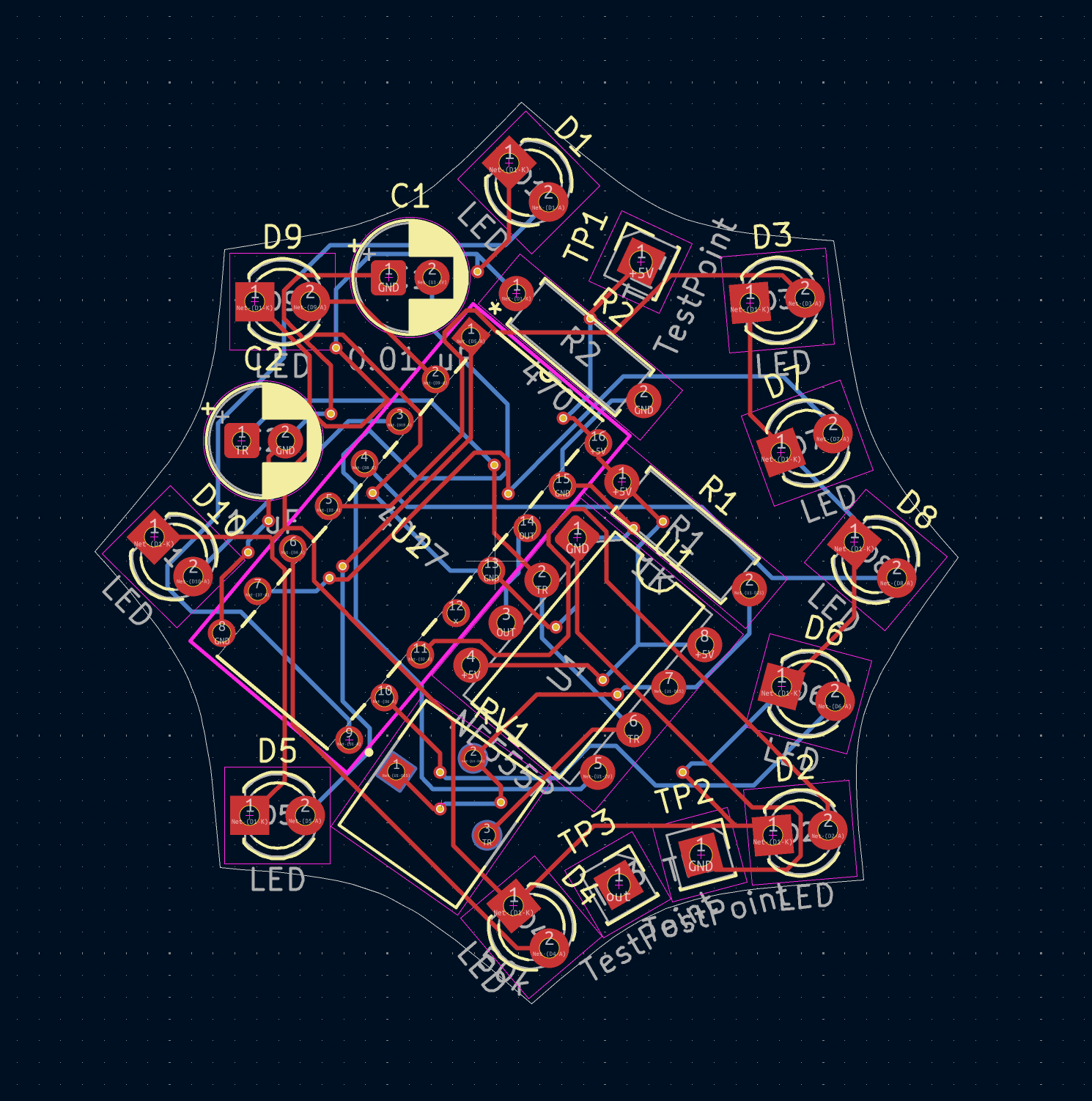 Dark PCB layout for SpiderBlink, showing the board shape and component routing.