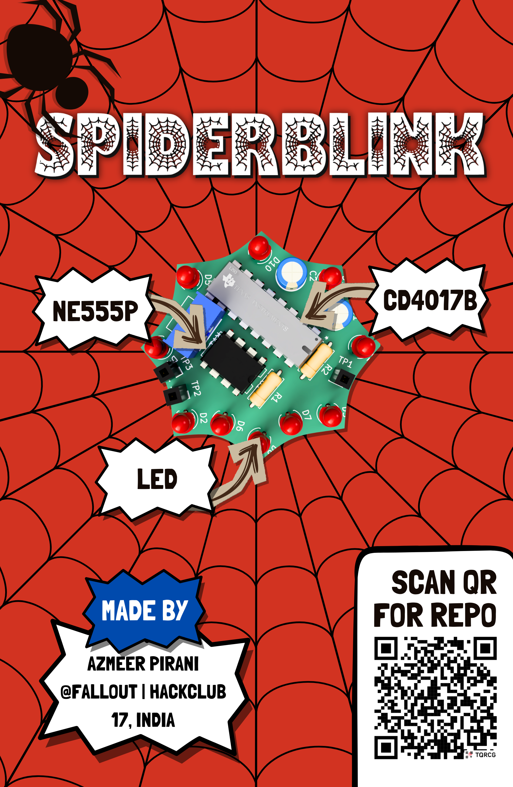 SpiderBlink project poster with a spider-web background, board render, and QR code.