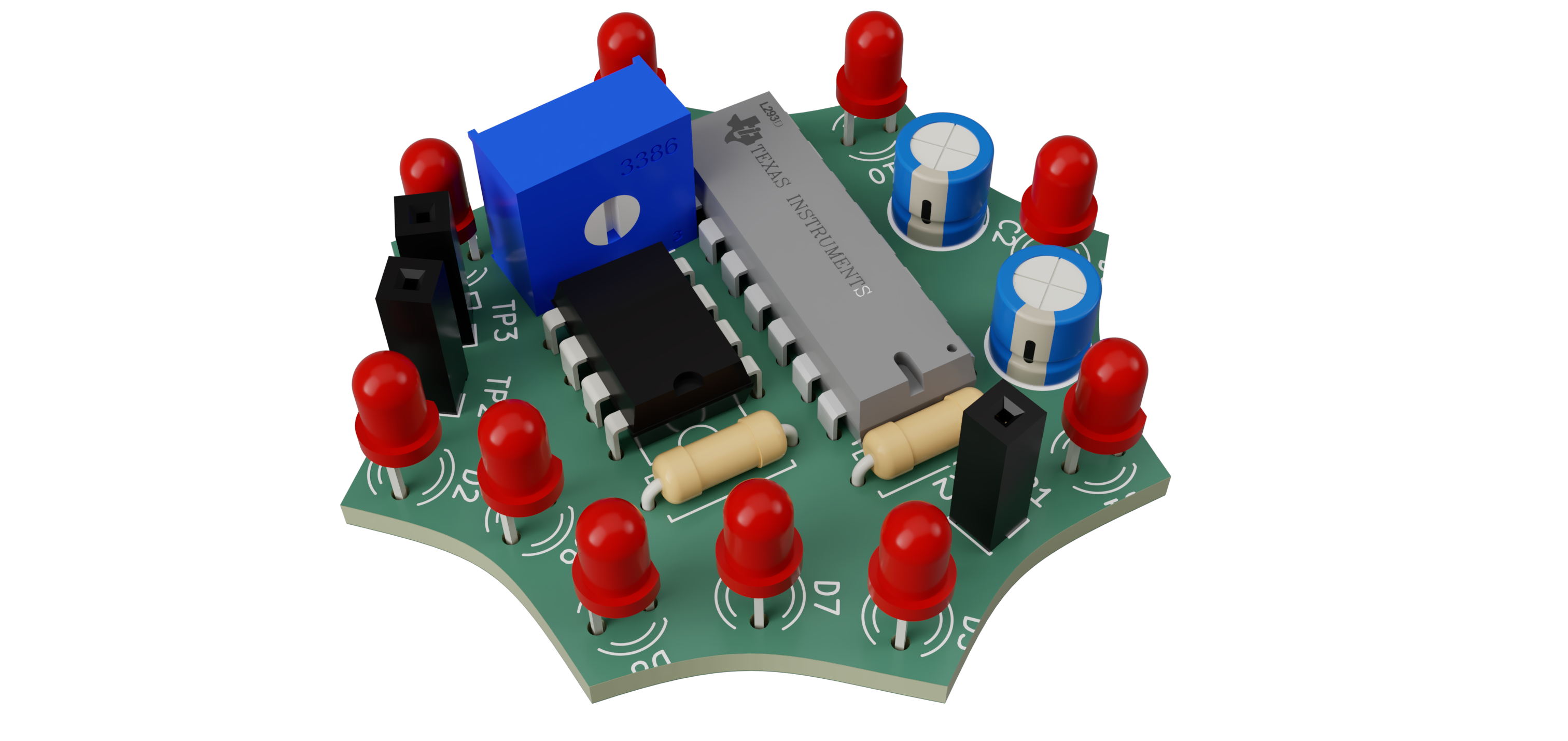 3D render of a small green circuit board populated with red LEDs and other components.
