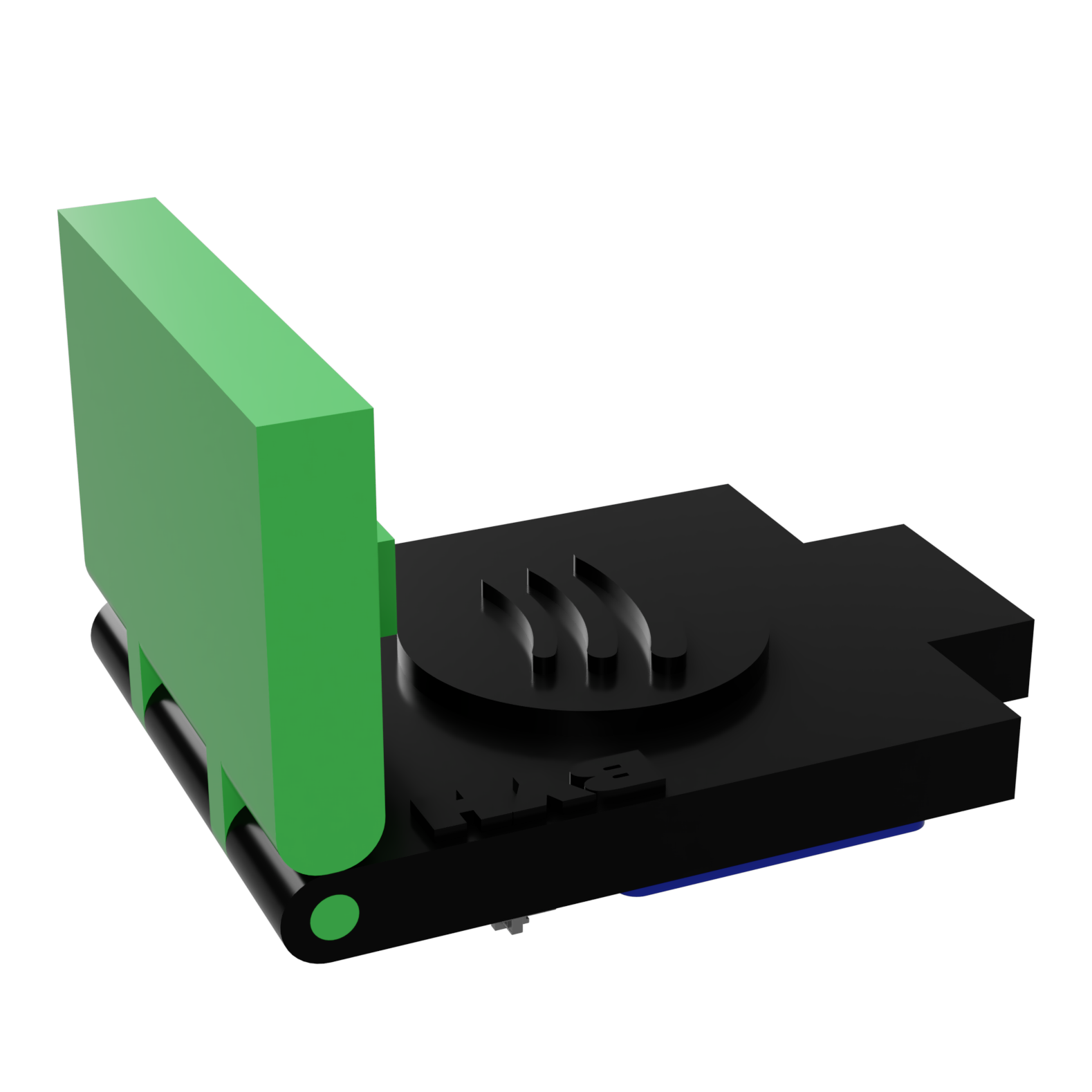 Side-angle 3D render of the green-and-black Spotube enclosure.