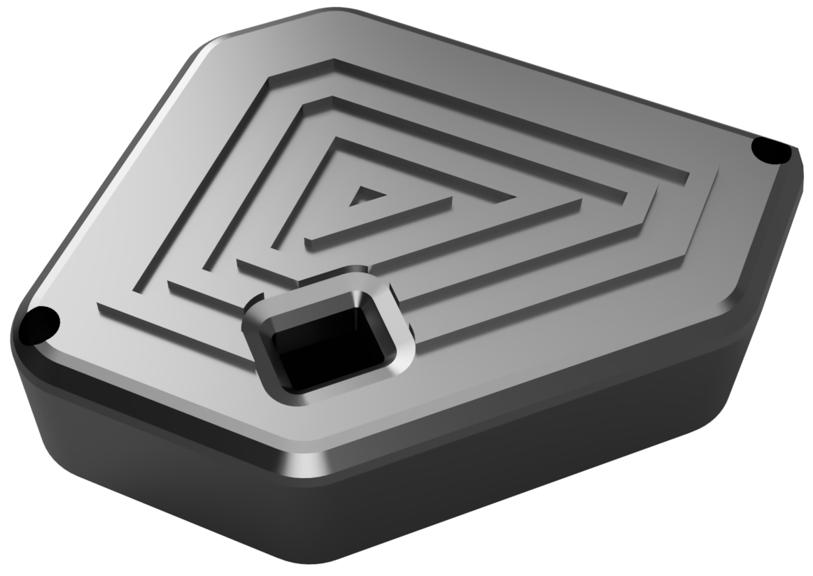 3D render of the hub enclosure top, with recessed geometric channels and a port opening.