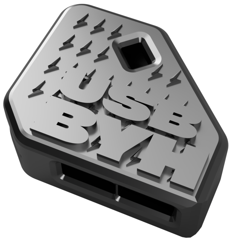 3D render of the enclosure labeled BYH USB HUB, with USB port openings and mounting holes.