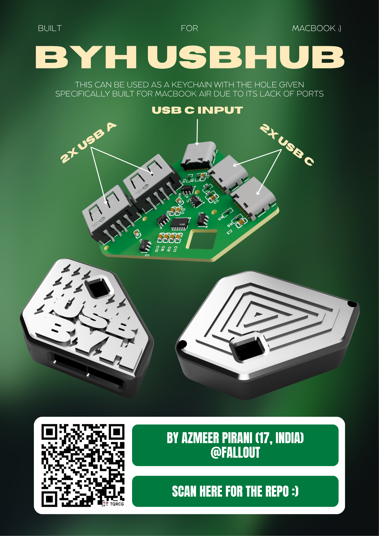 Green UsbHub promotional flyer with product renders and a QR code.