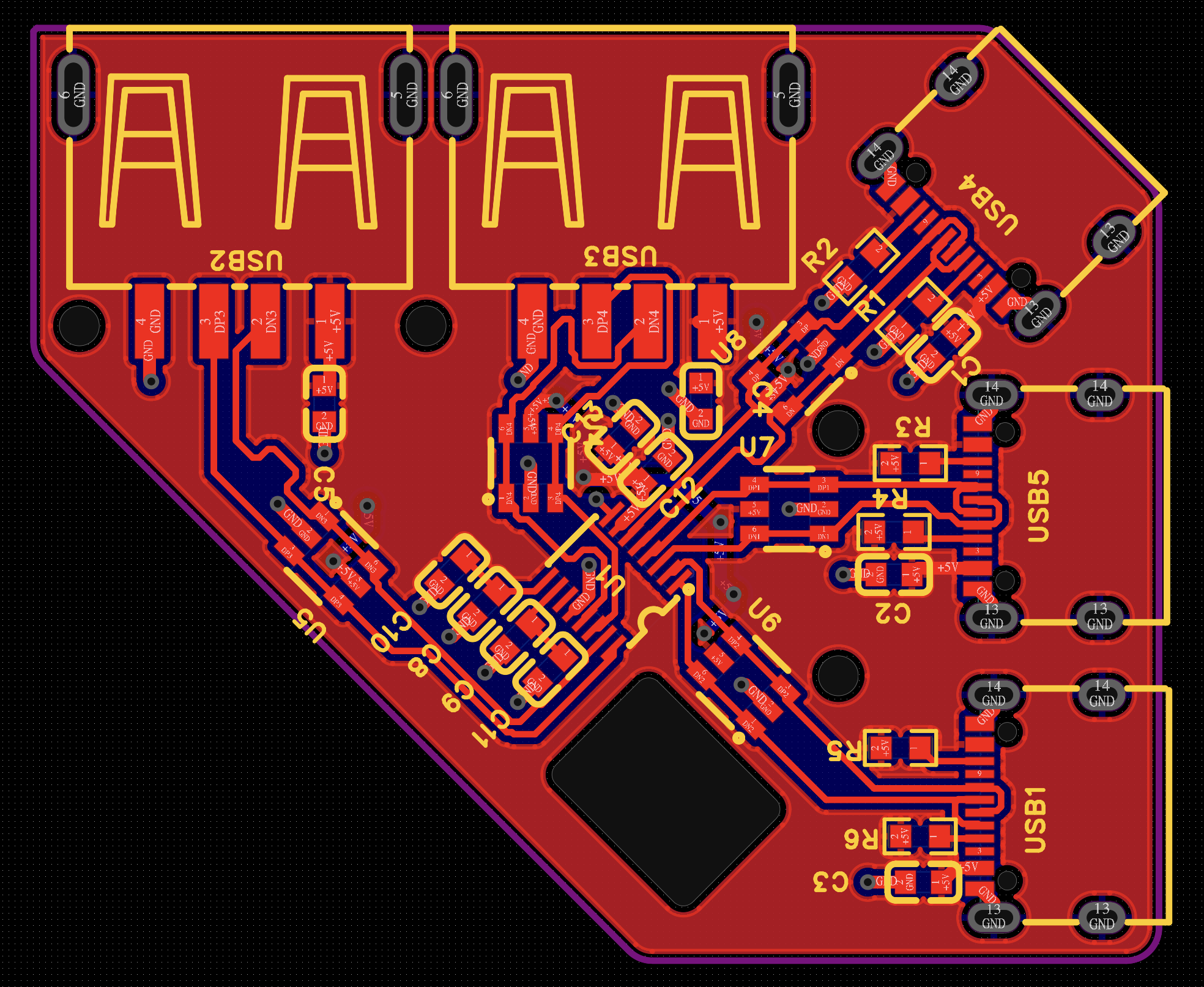 Red-and-blue rendered PCB layout for the UsbHub, showing routed traces and component pads.
