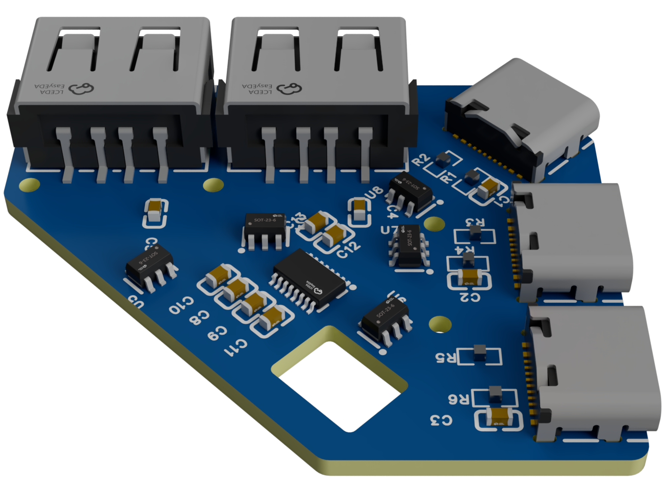 3D render of the UsbHub circuit board with four USB-A ports and a USB-C connection.