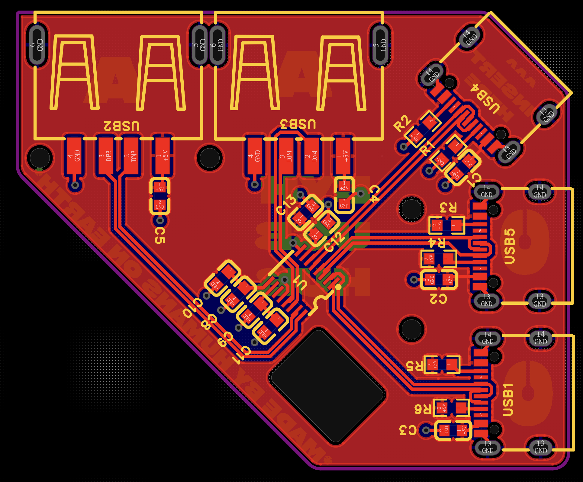 Red-and-blue UsbHub circuit-board layout with USB port footprints.