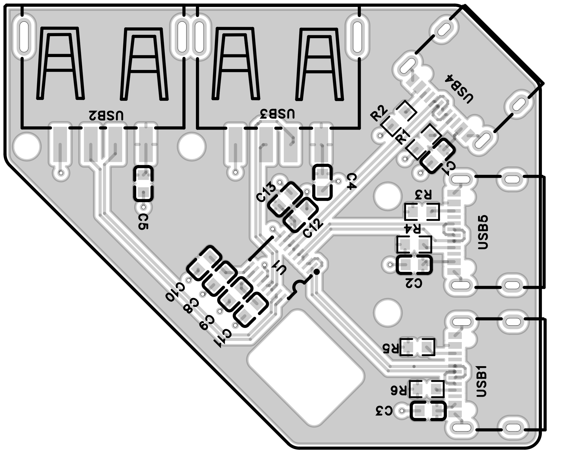 UsbHub circuit-board layout with USB-A port footprints and a diagonal USB-C connector area.